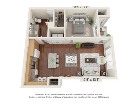 Floor plan for 1 bed, 1 bath, 667 sqft